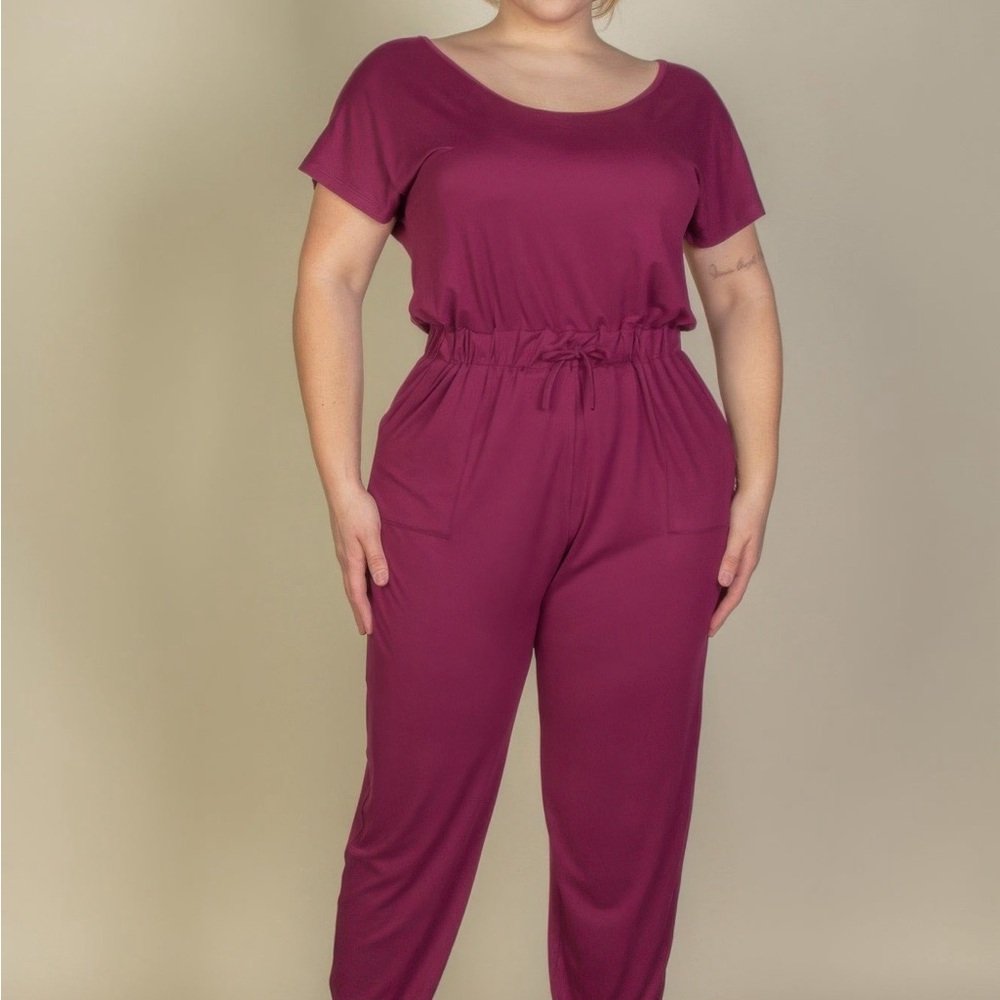 Solid Drawstring Short Sleeve Jumpsuit